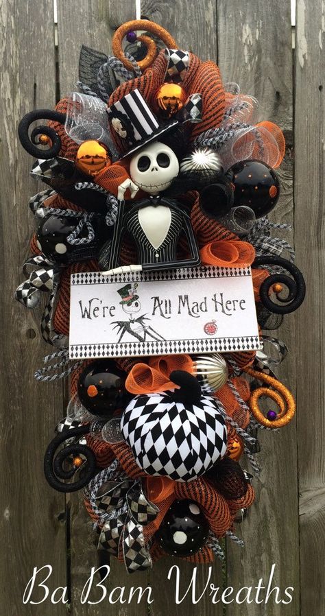 Jack Skellington Wreath, Halloween Wreath, Halloween Mesh Wreath, Halloween… Nightmare Before Christmas Garland, Merry Gothmas, Jack Skellington Wreath, Porta Halloween, Nightmare Before Christmas Wreath, Halloween Swag, Halloween Mesh Wreaths, Goth Christmas, Nightmare Before Christmas Decorations