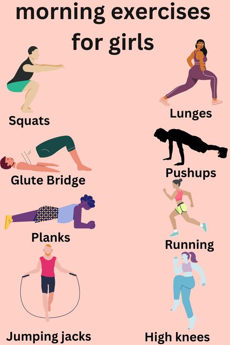 Morning exercise for girls: Warm-up with light stretches, do 15 min of cardio (jogging/dancing), 10 min strength exercises (planks, squats, lunges), cool-down stretches. Exercise For Teenage Girl, Cool Down Stretches, Stretching Exercise, Dynamic Stretching, Glute Bridge, Push Ups, Stretching Exercises, Sweat It Out, Jumping Jacks