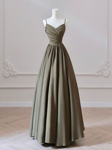 Beautiful A Line Dresses, Prom Dress Olive Green, Elegant Dresses Green, Olive Prom Dress, Formal Elegant Dresses, A Line V Neck Dress, V Neck Satin Dress, Elegant Green Dress, Olive Green Prom Dress