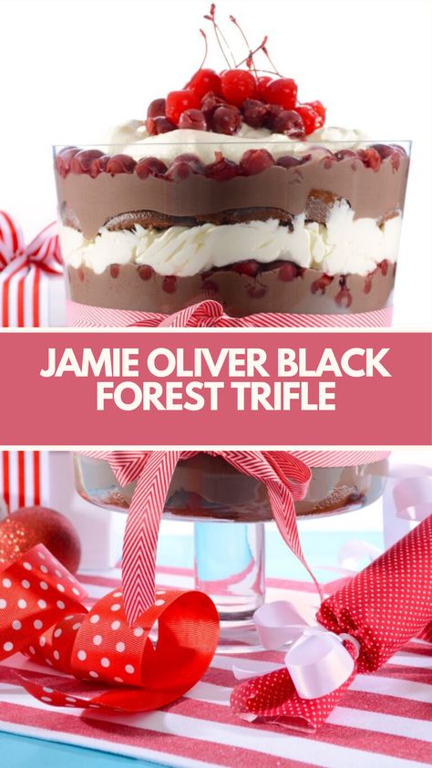 Jamie Oliver Black Forest Trifle is made with cherries in syrup, dark chocolate, gelatine, custard, hazelnuts, double cream, vanilla bean paste, icing sugar, and panettone. This decadent Jamie Oliver recipe creates a luxurious dessert that takes about 5 hours to prepare and can serve up to 10 people. Black Forrest Trifle, Black Forest Trifle Recipe, Black Forest Trifle, Cherry Trifle, Christmas Trifle, Vanilla Bean Paste, Trifle Dish, Chocolate Custard, Double Cream