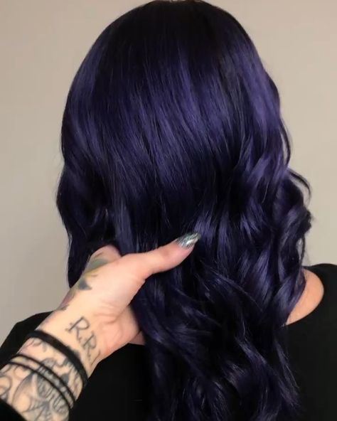 we’re obsessing over this midnight purple 🌩 by @theghostiegirl • • • #guytang #mydentity #mydentity3mv #darkpurplehair #topknotnh All Over Dark Purple Hair Color, Dark Purple Straight Hair, Dark Smokey Purple Hair, Midnight Violet Hair, Dark Blue Purple Hair, Midnight Violet Black Hair, Violet Blue Hair, Midnight Blue Hair Color, Dark Red Hair Burgundy