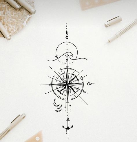 Compass Arrow Tattoo Design, Compas Tattoo Designs Simple, Nautical Line Tattoo, Beach Compass Tattoo Design, Nautical Tattoo Ideas For Women, Compass And Anchor Tattoo Feminine, Compass Line Tattoo, Geometric Compass Tattoo Design, Feminine Nautical Tattoo