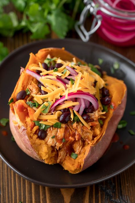 Leftover Salsa, Cheesy Salsa Chicken, Tasty Tacos Recipe, Stuffed Sweet Potato, Stuffed Sweet Potatoes, Black Bean Tacos, Breakfast Burger, Mild Salsa, Bean Tacos