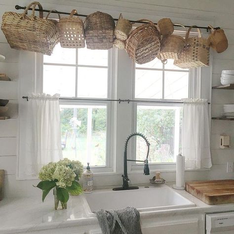 Reclaimed Kitchen, Decorate With Baskets, Farmhouse Baskets, Window Valances, Basket Collection, Old Baskets, Top Treatments, Basket Decor, Farmhouse Kitchens