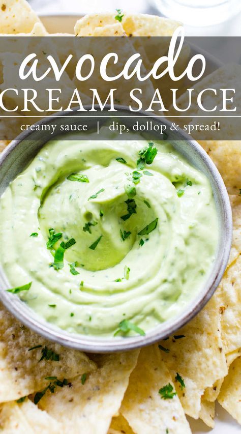 Avocado Cream Sauce in a bowl with tortilla chips surrounding it. Avocado Puree, Avocado Cream Sauce, Avocado Sauce Recipe, Avocado Dip Recipe, Avocado Recipes Healthy, Avocado Vegan, Creamy Avocado Sauce, Avocado Crema, Avocado Cream