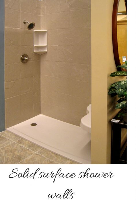 Solid surface shower walls can create a low maintenance and easy to install shower  system. This project used a stone-looking pattern and a low threshold base for easy entry.  http://blog.innovatebuildingsolutions.com/2014/08/31/compare-grout-free-shower-tub-wall-panels   #InnovateBuilding Fiberglass Shower Pan, Glass Block Shower, Bathroom Shower Panels, Fiberglass Shower, Bathroom Wall Panels, Shower Wall Panels, Marble Showers, Bad Inspiration, Diy Shower