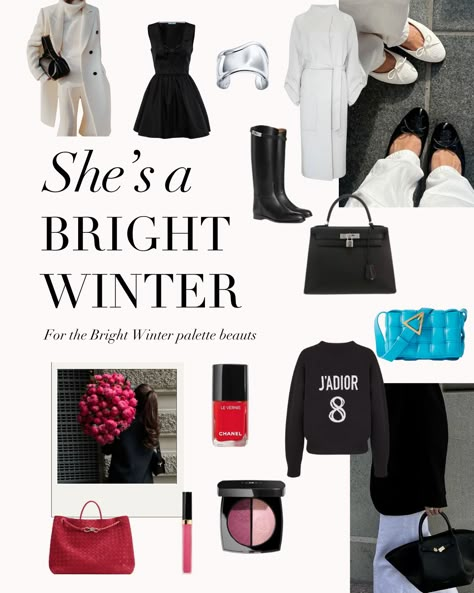 The beauty of the Bright Winter Palette. If you're a Bright Winter, what is your favourite quality about your palette and your colouring? 🖤⁠ ⁠ #coloranalysis #colouranalysis #coloranalyst #winterpalette #brightwinter Bright Winter Jewelry, Bright Winter Celebrities, Bright Winter Palette, Bright Winter Color Palette, Clear Winter Palette, True Winter Palette, Season Analysis, Bright Winter Outfits, Colour Season