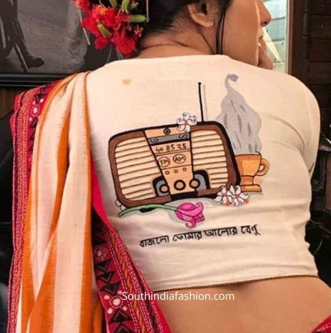 Fabric Painting On Cotton Saree, Handpainted Blouse Design, Fabric Painting On Sarees, Fabric Painting On Blouse, Painting On Blouse, Kulo Art, Punjabi Design, Blouse Painting, Embroidered Saree Blouse