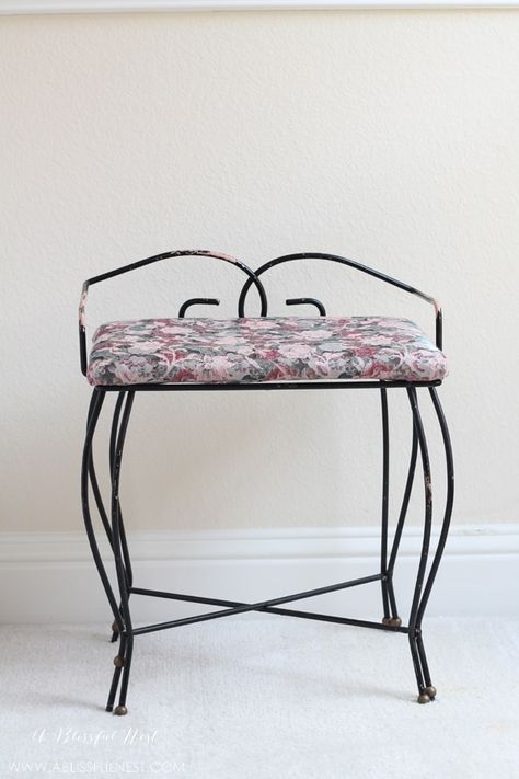 DIY Recovered Bench by A Blissful Nest Diy Upholstered Bench, Cute Pillows, Upholstered Bench, Guest Bathroom, Easy Tutorial, Folded Up, Easy Projects, Vanity Bench, Bathroom Wall