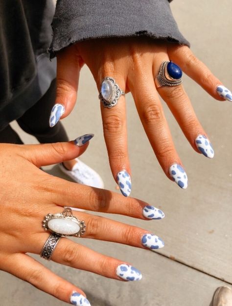 Blue Cow Print, Cute Almond Nails, Cow Print Nails, Short Coffin Nails Designs, Black Almond Nails, Western Nails, Cow Nails, Blue Cow, Makeup Hacks Beauty Secrets