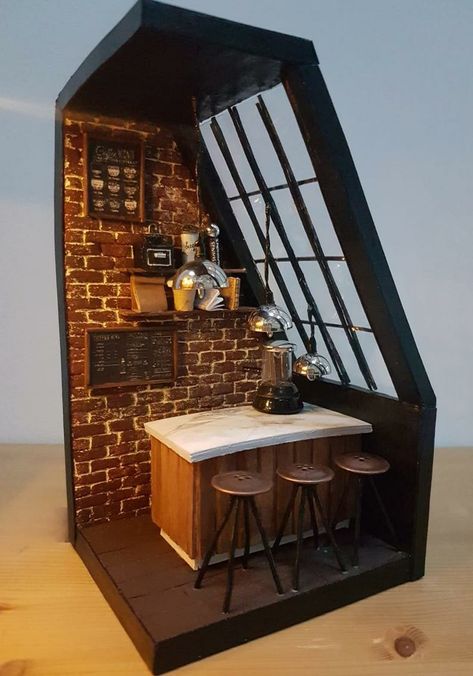 Interior Brick Wall, Nook Cafe, Book Nook Diorama, Nook Books, Faux Marble Countertop, Adveture Time, Room Box Miniatures, Interior Brick, Industrial Style Interior