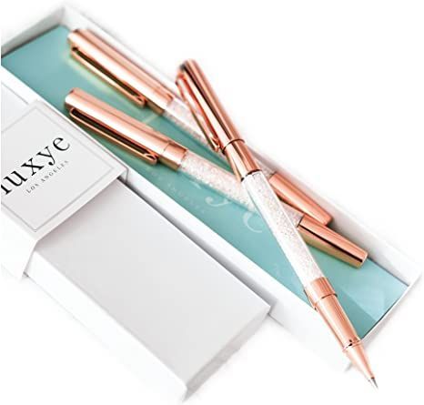 Crystal Pen - 3 Fine Rose Gold Crystal Gel Pens with Cap in Glossy White Gift Box | Rose Gold Pen Office Supplies Gifts for Women, Bridesmaids, Birthday, Coworkers, Wedding (Rose - Black Ink) Gold Office Supplies, Rose Gold Office, Rose Gold Pen, Gold Office Decor, Office Supplies Gift, Gold Office, Gold Desk, Fancy Pens, Coworkers Christmas