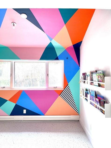 Bold and bright geometric mural by Shapes For The People brings joy to this New Jersey playroom Geometric Mural, Geometric Wall Mural, Playroom Mural, Interior Murals, Ceramics Studio, Brings Joy, Ceramic Studio, Jewel Box, Window Wall