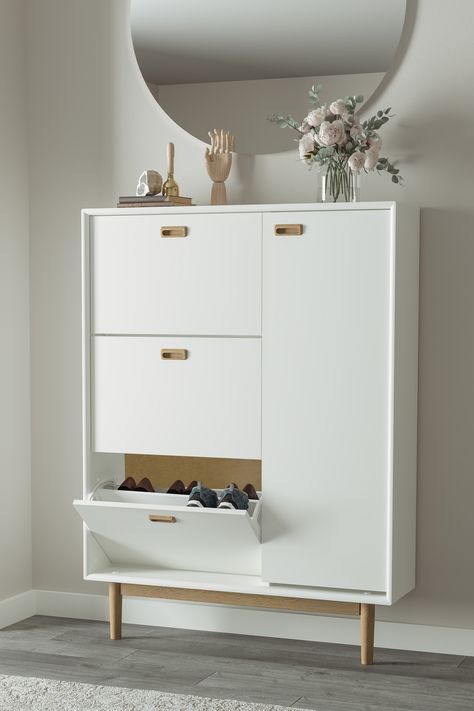 Inside Shoe Cabinet, White Shoe Cabinet, Shoe Storage Cabinet Entryway, White Cupboard, Simple Furniture Design, Hallway Storage, Shoe Storage Cabinet, Shoe Cabinet, White Furniture