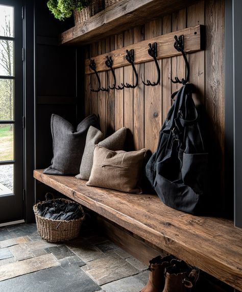 7 Stunning Mudroom Ideas for a Functional and Stylish Entryway Small Cabin Entryway Ideas, Mud Room Boot Rack, Mudroom Closet Ideas Entryway, U Shaped Mudroom Ideas, Farm Mudroom Ideas, European Farmhouse Mudroom, Rustic Mudroom Ideas Entryway, Entryway Storage Built In, Log Cabin Entryway Ideas