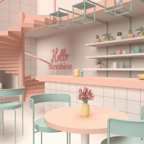 Pastel interior by 3D artist Anu Manohar Pastel Interior Design, Deco Pastel, Aesthetic Interior Design, Bakery Design Interior, Pastel Interior, Coffee Shop Interior Design, Cafe Shop Design, Coffee Shops Interior, Bakery Design