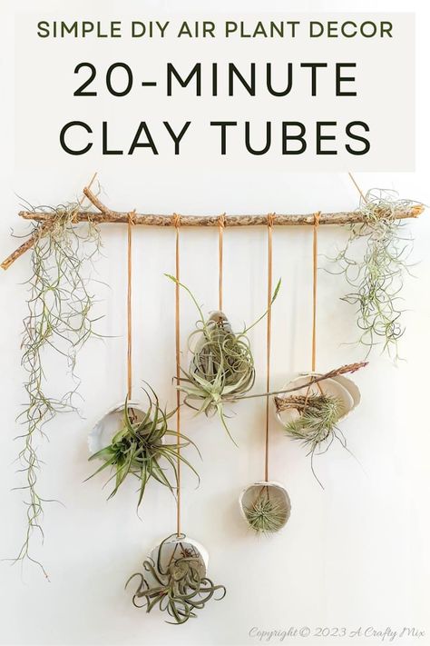 Let your air plants be the stars of the show. These budget-friendly, hanging clay tubes are quick to make and easy to customise. Low-maintenance, boho decor in under 20 minutes. Get the full Tutorial at A Crafty Mix Hanging Air Plants Diy, Diy Air Plant Holder, Air Plant Art, Plant Holder Diy, Potting Plants, Air Plants Diy, Diy Wall Planter, Airplant Wall, Air Plants Decor