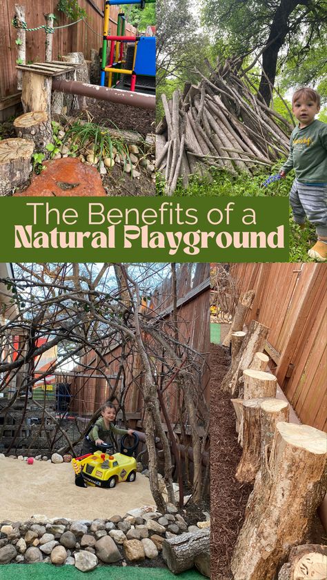 Disconnection to nature (thought to be the cause of a surge in behavioral problems) is actively being fought against with a growing interest in natural playgrounds. These outdoor play spaces foster a direct connection to Earth, water and all the other elements. By means of integrating natural elements into children’s play, this allows an organic connection to nature. Learn benefits and see some of simple examples of our natural playground at De La Madre Daycare in East Austin, TX. Nature Playground Preschool, Natural Landscape Playground, Nature Based Playgrounds, Natural Play Spaces Backyards, Outdoor Kids Play Area Playground Design, Organic Playground, Unschooling Ideas, Natural Outdoor Playground, Connection To Earth