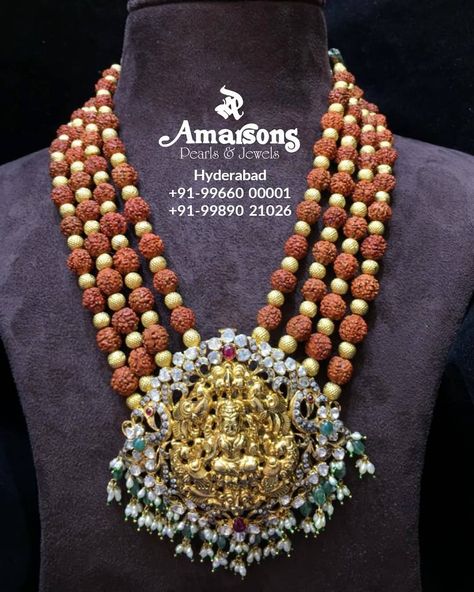 Polki Gold Lakshmi Locket in Rudraksh Mala from Amarsons Pearls and Jewels❤ @amarsonsjewellery . Follow 👉: @amarsonsjewellery    For More Details Whatsapp on : +91-9966000001 Rudraksh Mala, Amarsons Jewellery, Rudraksha Jewelry, Gold Pendent, Gold Temple Jewellery, Antique Gold Jewelry Indian, Art Jewelry Design, Antique Jewellery Designs, Beautiful Gold Necklaces