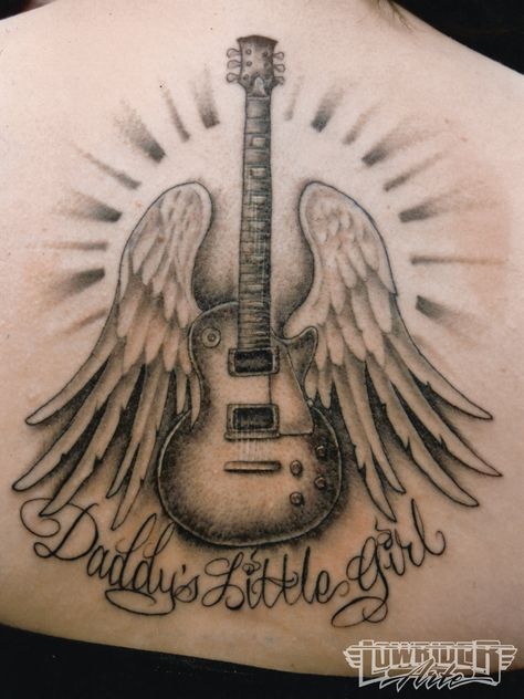 Detail guitar tattoo Gutair Tattoos Ideas, Guitar With Wings Tattoo, Gutair Tattoos, Grave Tattoo, Guitar Tattoos, Musical Tattoos, Wings Tattoo Meaning, Tattoos For Dad Memorial, Guitar Tattoo Design