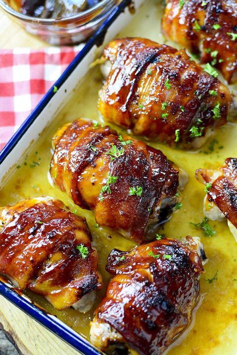 BACON WRAPPED CHICKEN THIGHS | The Salty Pot | Bacon Wrapped Bbq Chicken, Bacon Wrapped Chicken Thighs, Chicken Thighs In Oven, Chicken Thights Recipes, Bbq Chicken Thighs, Crockpot Chicken Breast, Easy Chicken Parmesan, Roasted Chicken Thighs, Bbq Bacon