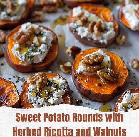 Pescatarian Mediterranean Lifestyle | Sweet Potato Rounds with Herbed Ricotta and Walnuts (Crestive Cookery) | Facebook Sweet Potato Rounds With Herbed Ricotta, Sweet Potato Ricotta Recipes, Sweet Potato Ricotta, Sweet Potato Rounds, Herbed Ricotta, Potato Rounds, Winter Dinners, Sweet Potato Slices, Ricotta Recipes