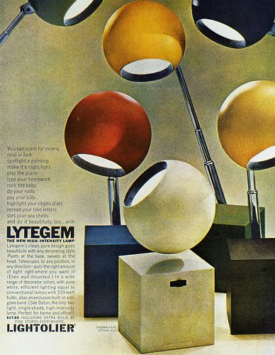 1960s Advertising - Magazine Ad - Lightolier (USA) 1960s Advertising, Atomic Space Age, Mid Century Lighting, Vintage Advertisement, Dieselpunk, Mid Century Modern Design, Design Graphique, Print Ads, Ad Design