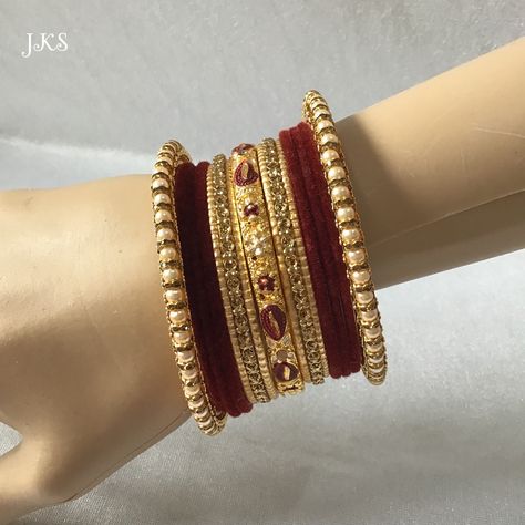 Bridal Jewellry, Golden Saree, Simple Bangle, Pearl Bangle, Light Pink Color, Maroon Color, Wine Colored, Girly Accessories, Bangle Set