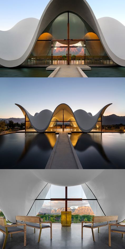 South Africa’s Must-See Resort Architecture With Water, Beautiful Buildings Architecture, Bosjes Chapel, Curve Architecture, Modern Building Design, Curved Architecture, Curves Design, Condominium Architecture, زها حديد