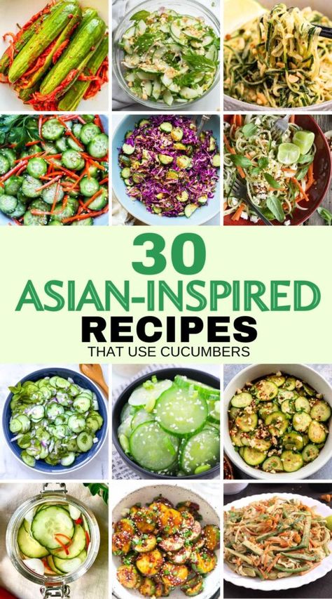 30 Asian-inspired recipes that use cucumbers in the recipe. Delicious Asian-inspired salads and appetizers. #sidedish #salads #cucumber Asian Salad Ideas, Asian Board Food, Recipes With Cucumbers, Salads Cucumber, Asian Salads, Vegetable Dinner, Korean Cucumber Salad, Asian Salad Recipe, Asian Inspired Salad