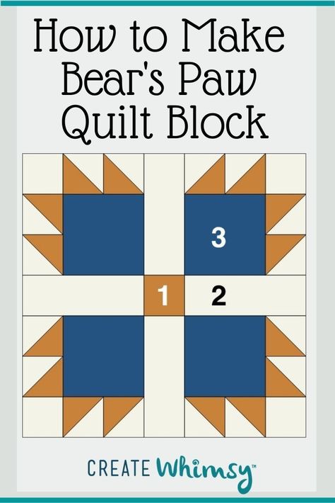 The Bear's Paw quilt block is popular in both traditional and modern quilting. It uses the basic quilting building blocks of squares, rectangles and half square triangles, and we show you how to make it in this illustrated tutorial. Bear Paw Quilt Block Pattern, Modern Quilting, Bear Tracks Quilt, Bear Paw Quilt, Paw Pattern, Painted Barn Quilts, Basic Quilt, Bear Quilts, Classic Quilts