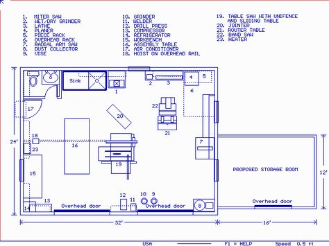 Frank's WoodShop. This layout takes advantages of a 2-bay garage, 32'x24'. It houses miter saw, lathe, planer, radial arm saw, drill press, router, bandsaw, jointer, and tablesaw - - and still leaves space to do woodwork..! Welding Workshop Layout, Small Wood Shop Layout Floor Plans, Woodshop Layout Floor Plans, Woodshop Layout, Woodshop Storage, Woodworking Workshop Plans, Miter Saw Radial Arm Saw Station, Garage Woodshop, Shop Plans Workshop Rockler Woodworking & Hardware