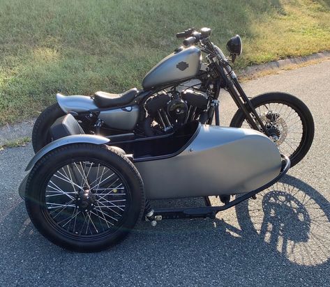 Iron 1200 with sidecar, springer front, jockey shift, bobber, tank lift, wire tuck, speedometer relocation. Bobber Sidecar, Harley Sidecar, Harley Davidson With Sidecar, Motorbike With Sidecar, Sportster Iron, Harley Davidson Pictures, Motorcycle Sidecar, Automotive Decor, Harley Davidson Sportster