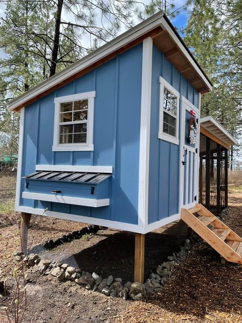 Grey Chicken Coop, Chicken Coop White And Black, Dark Blue Chicken Coop, Green And White Chicken Coop, Board And Batten Siding Chicken Coop, Blue Chicken, Ice Blue Color, Hen House, Chicken Coop Designs