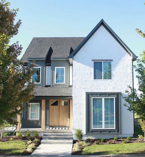 White Windows Add Character and Charm to Farmhouse Exterior | Pella Modern Farmhouse Exterior White Windows, Farmhouse Exterior White Windows, Modern House White Windows, Exterior White Windows, House White Windows, White Windows Exterior, Modern House White, House Siding Ideas Exterior, Tudor Architecture