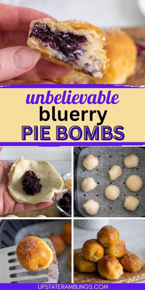 Blueberry Pie Bombs  for Dessert Recipes Pinterest pin. Ways To Use Blueberry Pie Filling, Fun Unique Desserts, Blueberry Pie Bites, Blueberry Pie Filling Recipes Desserts, Finger Food Desserts Easy, Canned Blueberry Pie Filling Recipes Desserts, Easy Blueberry Desserts Simple, Easy Unique Desserts, Blueberry Dishes