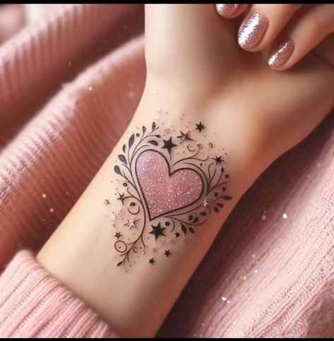 Glitter Heart Tattoo, Tattoo Chest Woman, Boujee Tattoos For Women, Girly Hand Tattoos, Colorful Rose Tattoos, Tattoos Heart, Tattoo Fixes, Bright Tattoos, Cross Tattoos For Women