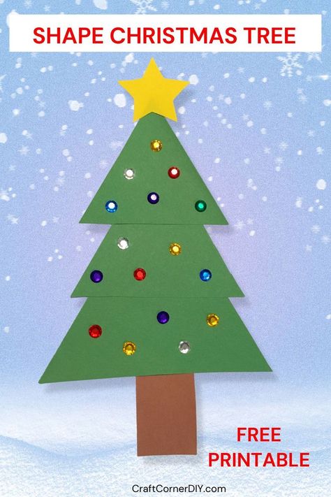 Picture of a Pinterest pin showing a shape Christmas tree craft. Christmas Card Easy, Christmas In Kindergarten, Shape Christmas Tree, Snowflake Crafts, Christmas Kids Crafts, Christmas Diy Kids, Kids Christmas Crafts Easy, Paper Trees, Easy Christmas Craft