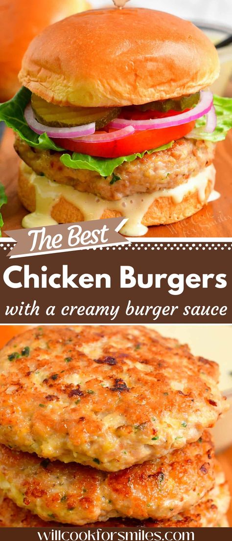 This recipe for the BEST Chicken Burgers cannot be beat! Juicy, flavorful chicken patties are absolutely delicious and you can use them in so many different dishes. I paired these delicious chicken burger a few simple veggies, delicate brioche buns, and addictive creamy sauce. Best Chicken Burger Recipe, Chicken Patty Recipes, Ground Chicken Burgers, Chicken Burgers Recipe, Ground Chicken Recipes, Chicken Patties, Chicken Burger, Burger Sauce, Brioche Buns