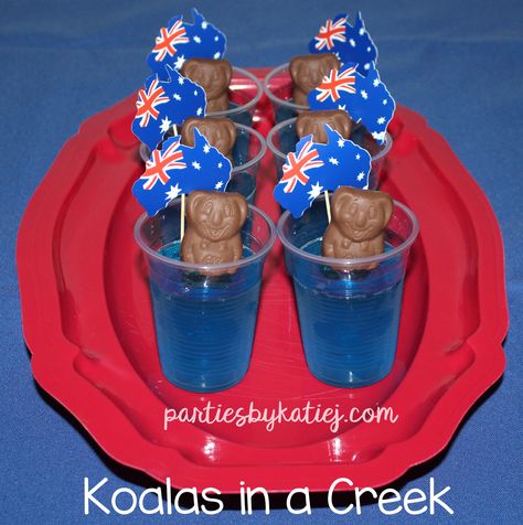 Australia Day Party Koalas in a Creek Aussie Food Caramello Koalas in Blue Jelly Bogan Party, Yarning Circle, Australia Decor, Australia Day Party, Aussie Party, Citizenship Party, Olympic Food, Australian Snacks, Koala Party