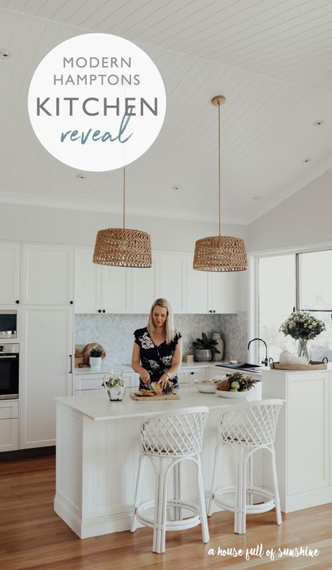 {Video Reveal!} The Hamptons living room is live! | A House Full of Sunshine Modern Hamptons Style Kitchen, Modern Hamptons Kitchen, Modern Hamptons Style, Hamptons Living Room, Modern Hamptons, Hamptons Kitchen, Modern Hampton, Beach House Kitchens, U Shaped Kitchen