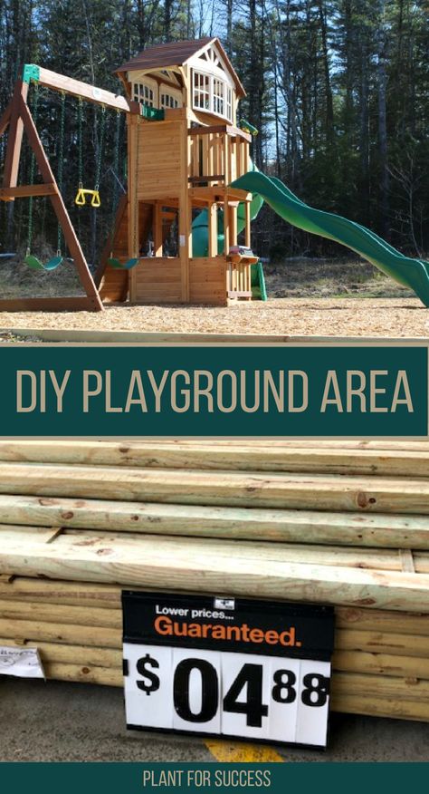 playground border on top portion. Bottom portion is landscape timbers at a big box store Diy Swingset Upgrade, Playset Landscaping Border, Backyard Playground Border, Raised Playground Area, How To Level Ground For Swingset, Play Area Border Ideas, Playset Border Ideas, Playground Area Landscape, Playground Add Ons Diy