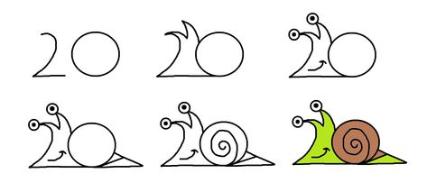 Easy way to draw snails using the number 20. Step-by-Step Toddler Drawing, Number Drawing, Easy Art For Kids, Drawing Lessons For Kids, Drawing Tutorials For Beginners, Classroom Art Projects, Drawing Tutorials For Kids, Calligraphy Art Print, Drawing Activities