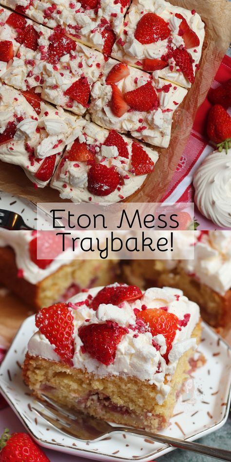 An Eton Mess Traybake with a Fresh Strawberry & Vanilla Sponge and everything Eton Mess - Fresh Cream, Meringues, and even more Strawberry! Cake Traybake Recipes, Tray Bake Cake Recipes, Tray Bakes Desserts, Traybake Recipes Cake, Traybakes Sweet, Vanilla Traybake, Sponge Traybake, Eton Mess Cake, Eton Mess Dessert