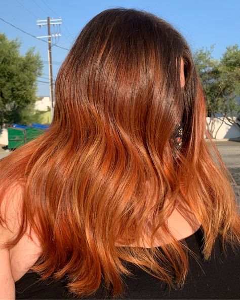 Black Ginger Balayage, Ginger Balayage Straight Hair, Black Hair Ginger Balayage, Copper Hair Ombre Balayage, Dark Orange Ombre Hair, Black And Orange Balayage, Natural Red Ombre Hair, Auburn Ombre Hair Copper, Brown To Copper Ombre Hair