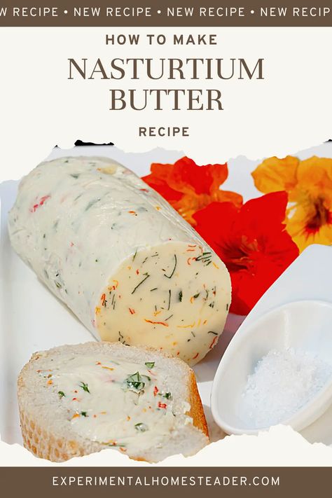 Learn how to make nasturtium butter using colorful nasturtium blossoms and young leaves from organically grown plants. Also learn how to preserve it. #howtomakenasturtiumbutter #nasturtiumbutter #nasturtiumbutterrecipe #edibleflowersrecipes Dutch Oven Potatoes Recipes, Nasturtium Butter, Oven Potato Recipes, Red Potato Recipes, Au Gratin Potato Recipes, Edible Flowers Recipes, Easy Pasta Sauce, Au Gratin Recipes, Basil Recipes