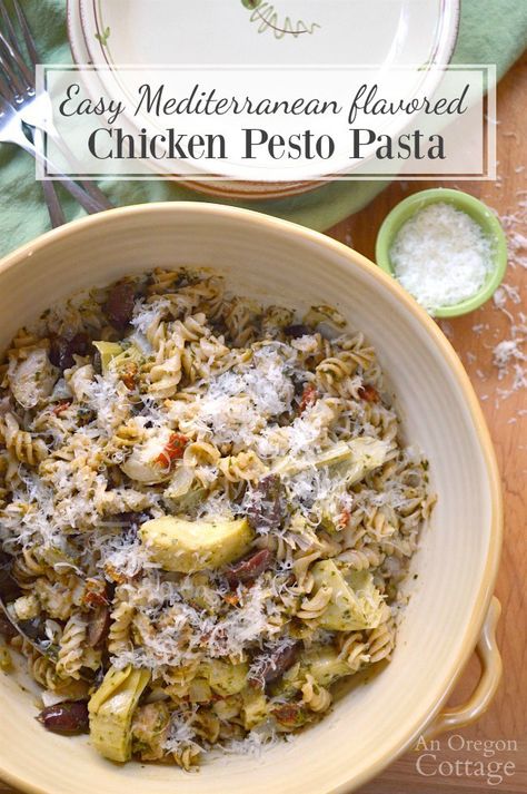 Easy Mediterranean flavored Chicken Pesto Pasta- a 20 minute meal. Easy Mediterranean Chicken, Mediterranean Chicken Pasta, Pesto Pasta Recipes Chicken, Flavored Chicken, Weekday Recipes, Oregon Cottage, Chicken Pesto Pasta, Pesto Pasta Recipe, Pesto Pasta Recipes