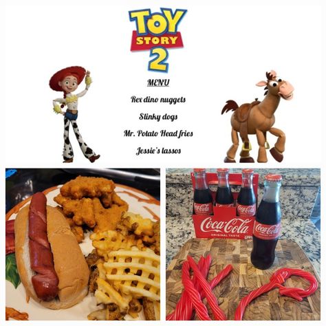 Toy Story Dinner Theme, Toy Story Dinner And A Movie, Disney Meals From Movies, Movie And Dinner Theme, Themed Movie Nights For Kids, Disney Movie Themed Food, Themed Movie Night Ideas, Disney Movie Themed Dinner, Movie Meals