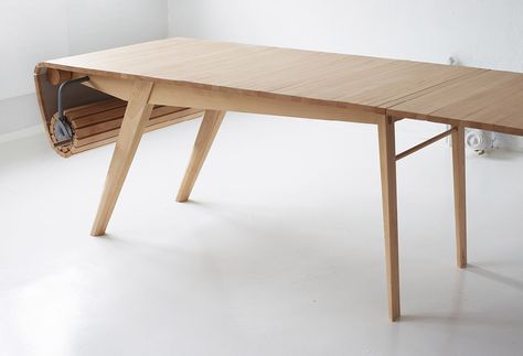 A Wood Table You Can Roll Up! | Yanko Design Expandable Table, Folding Furniture, Room Color Schemes, Unique Tables, Design Del Prodotto, Space Saving Furniture, Design Week, Solid Wood Furniture, Wood Table