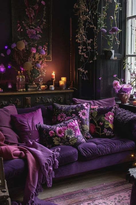 29 Dark Boho Living Room Ideas 21 Dark Purple Living Room, Dark Boho Aesthetic, Dark Purple Room, Witchy Living Room, Purple Living Room Ideas, Dark Boho Living Room, Boho Living Room Inspiration, Dark Palette, Purple Furniture